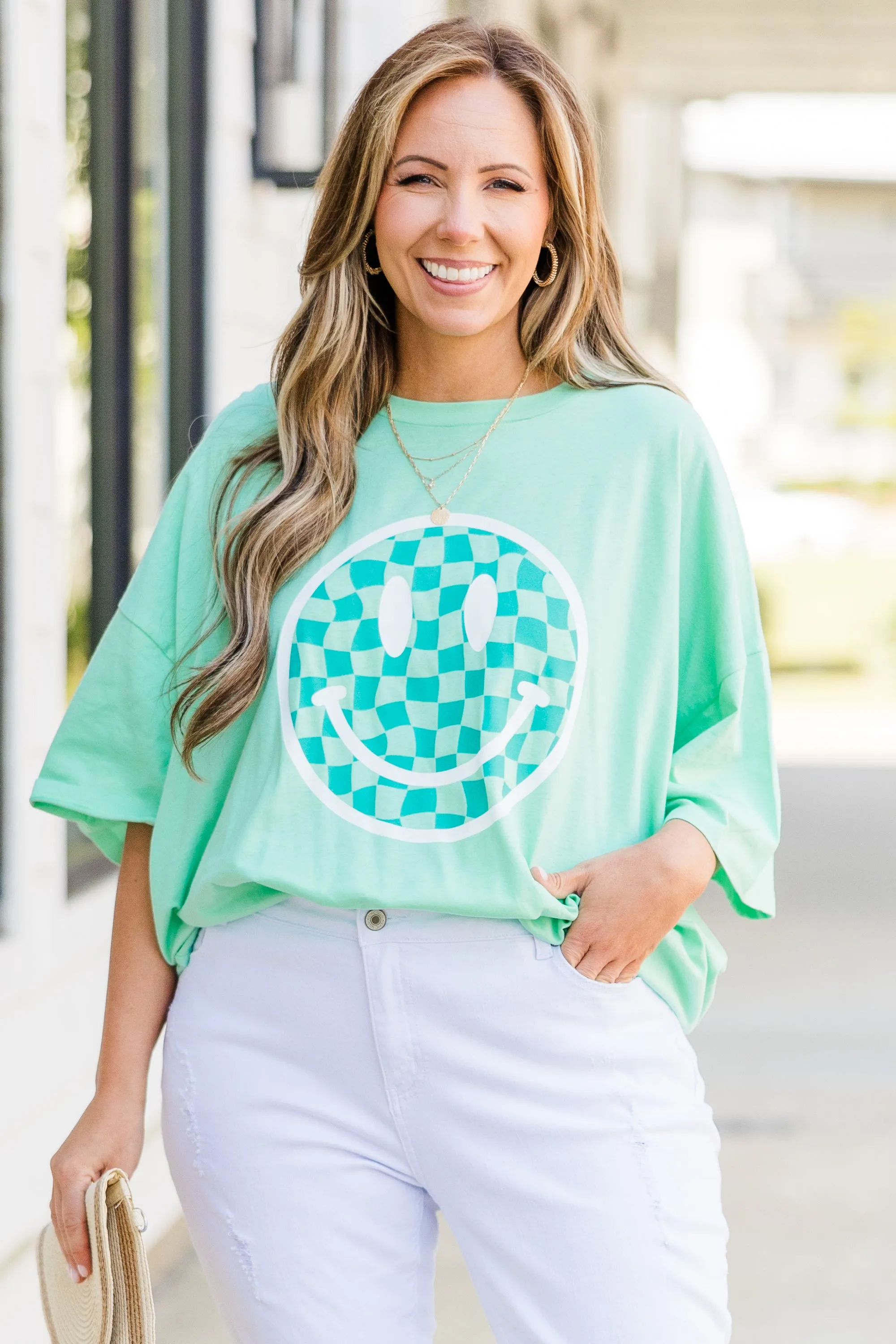 All Smiles Here Boyfriend Tee, Green Mint