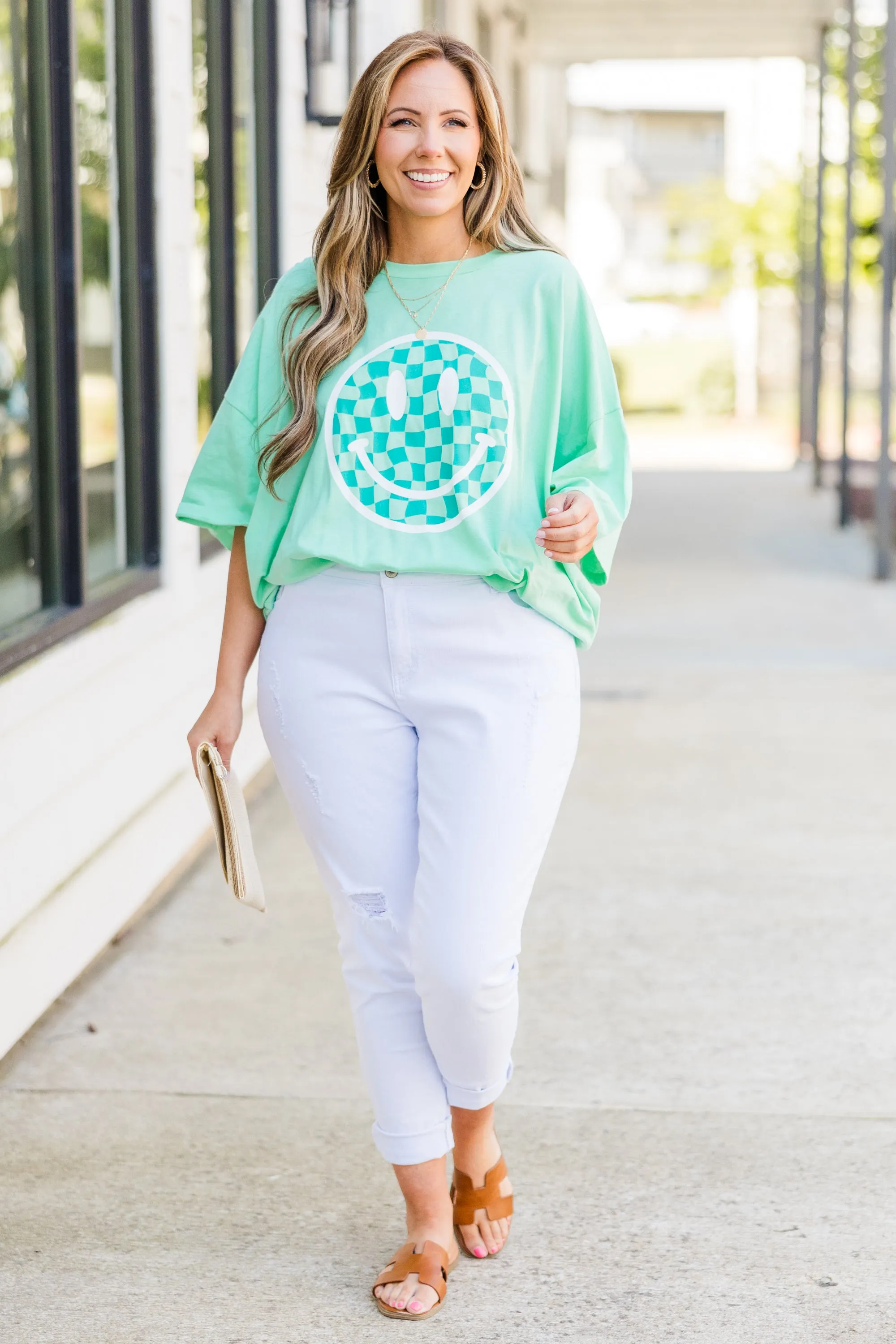 All Smiles Here Boyfriend Tee, Green Mint