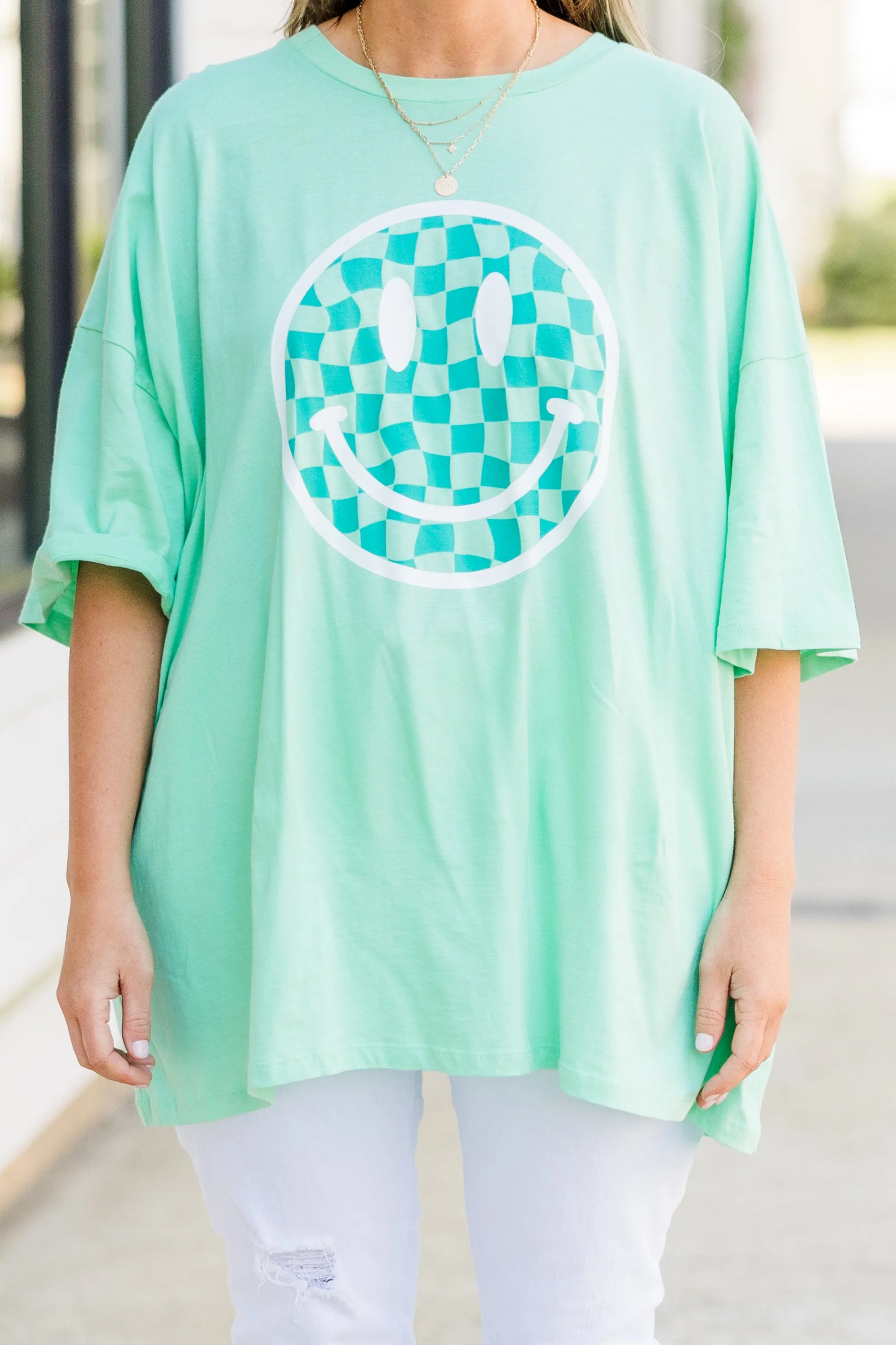 All Smiles Here Boyfriend Tee, Green Mint