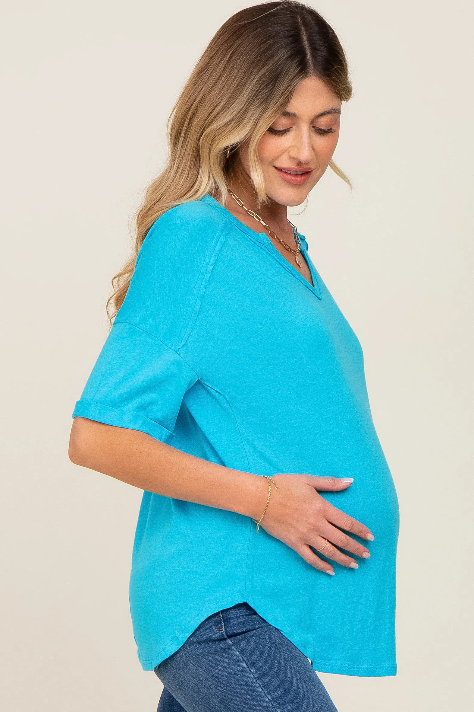 Aqua Oversized V-Neck Cuffed Short Sleeve Maternity Tee