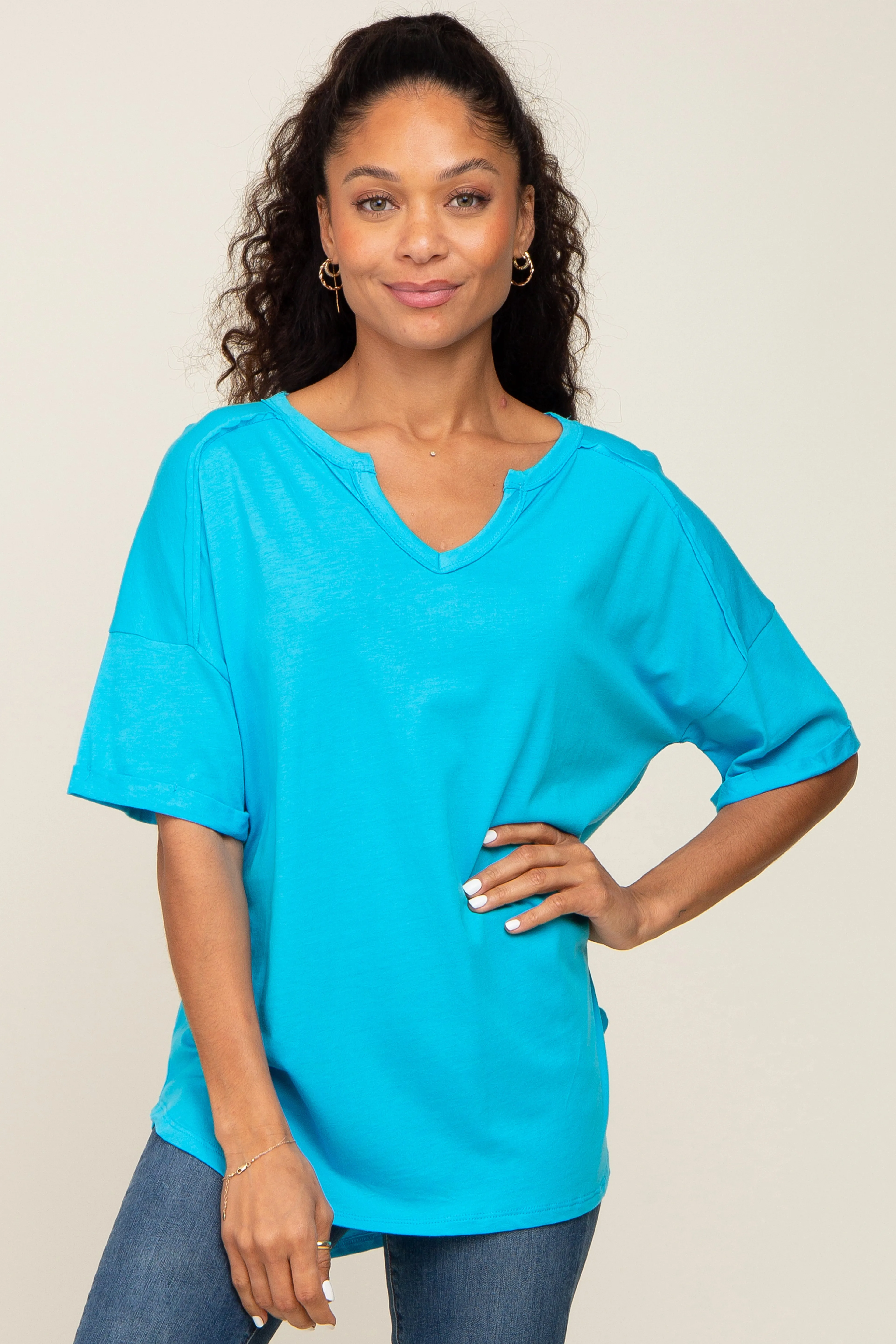 Aqua Oversized V-Neck Cuffed Short Sleeve Maternity Tee