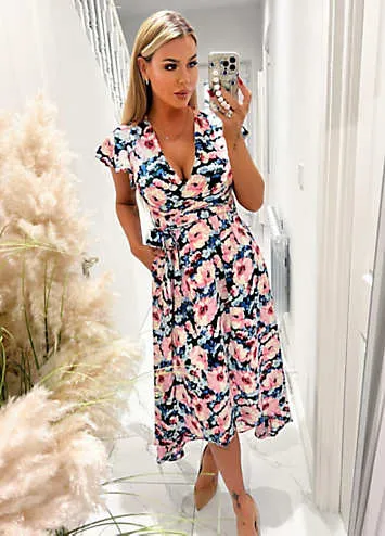 AX Paris Pink Floral Print Short Sleeve Belted Wrap Midi Dress | Grattan