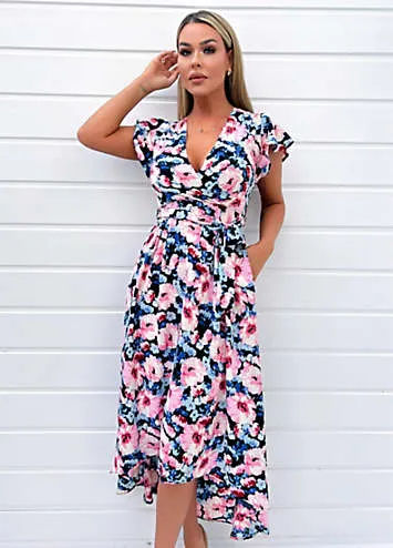 AX Paris Pink Floral Print Short Sleeve Belted Wrap Midi Dress | Grattan