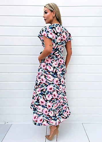 AX Paris Pink Floral Print Short Sleeve Belted Wrap Midi Dress | Grattan