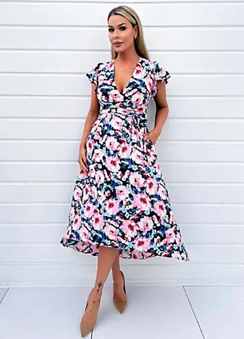 AX Paris Pink Floral Print Short Sleeve Belted Wrap Midi Dress | Grattan