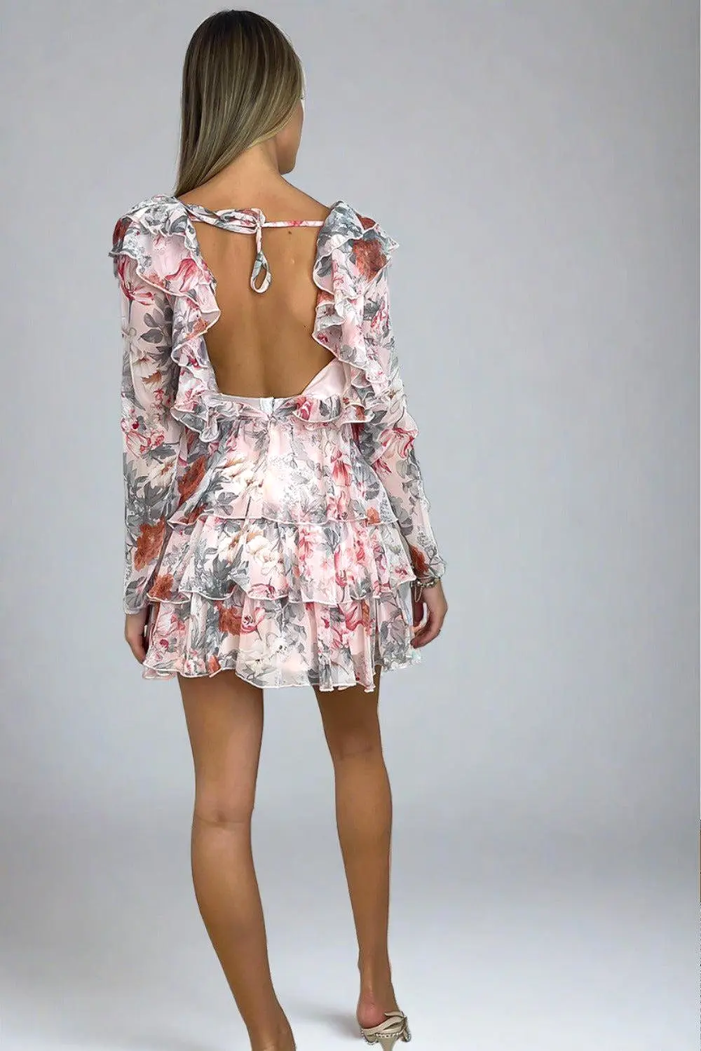 Baby Pink Floral Print Chiffon Dress