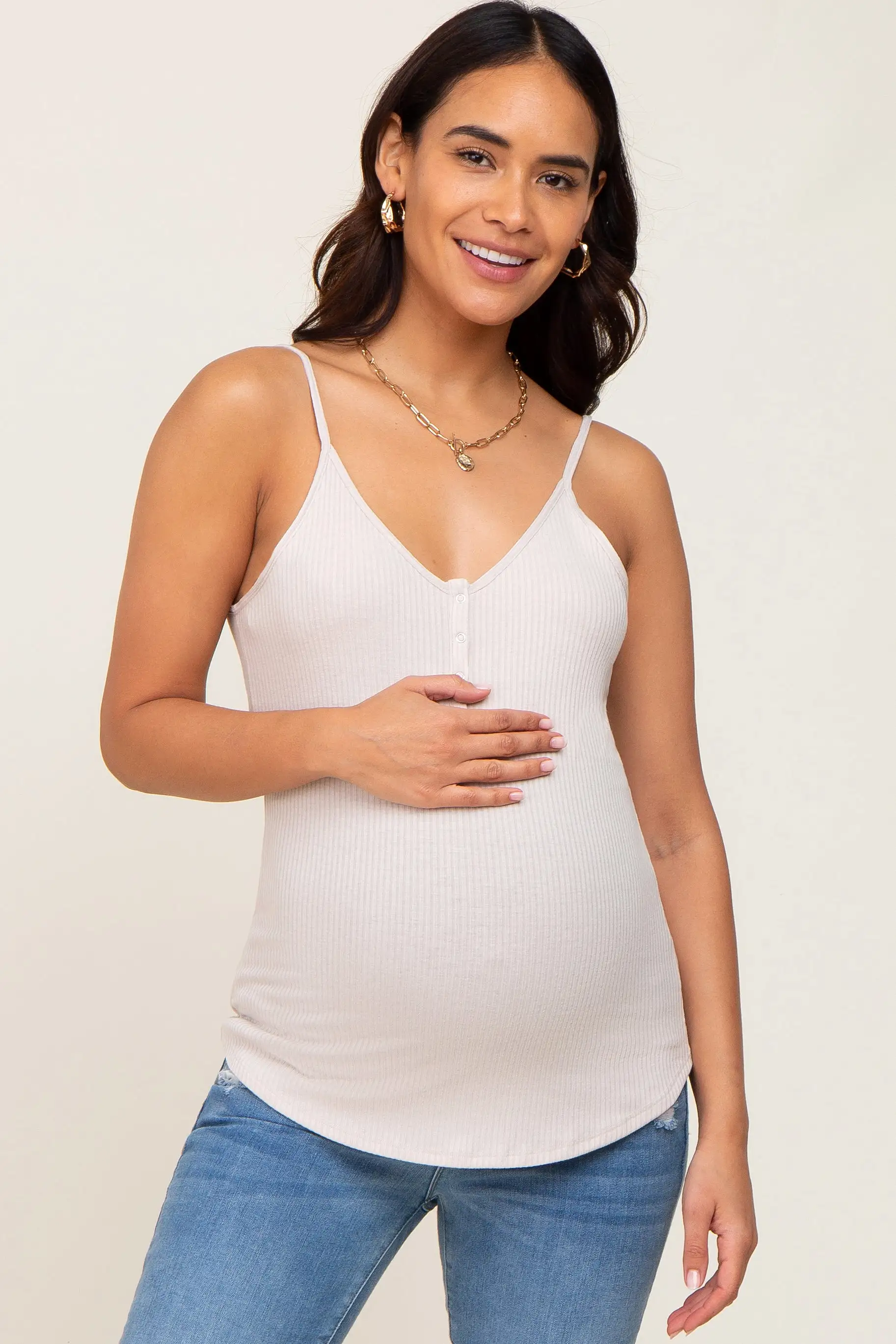 Beige Ribbed Snap Button Maternity Cami