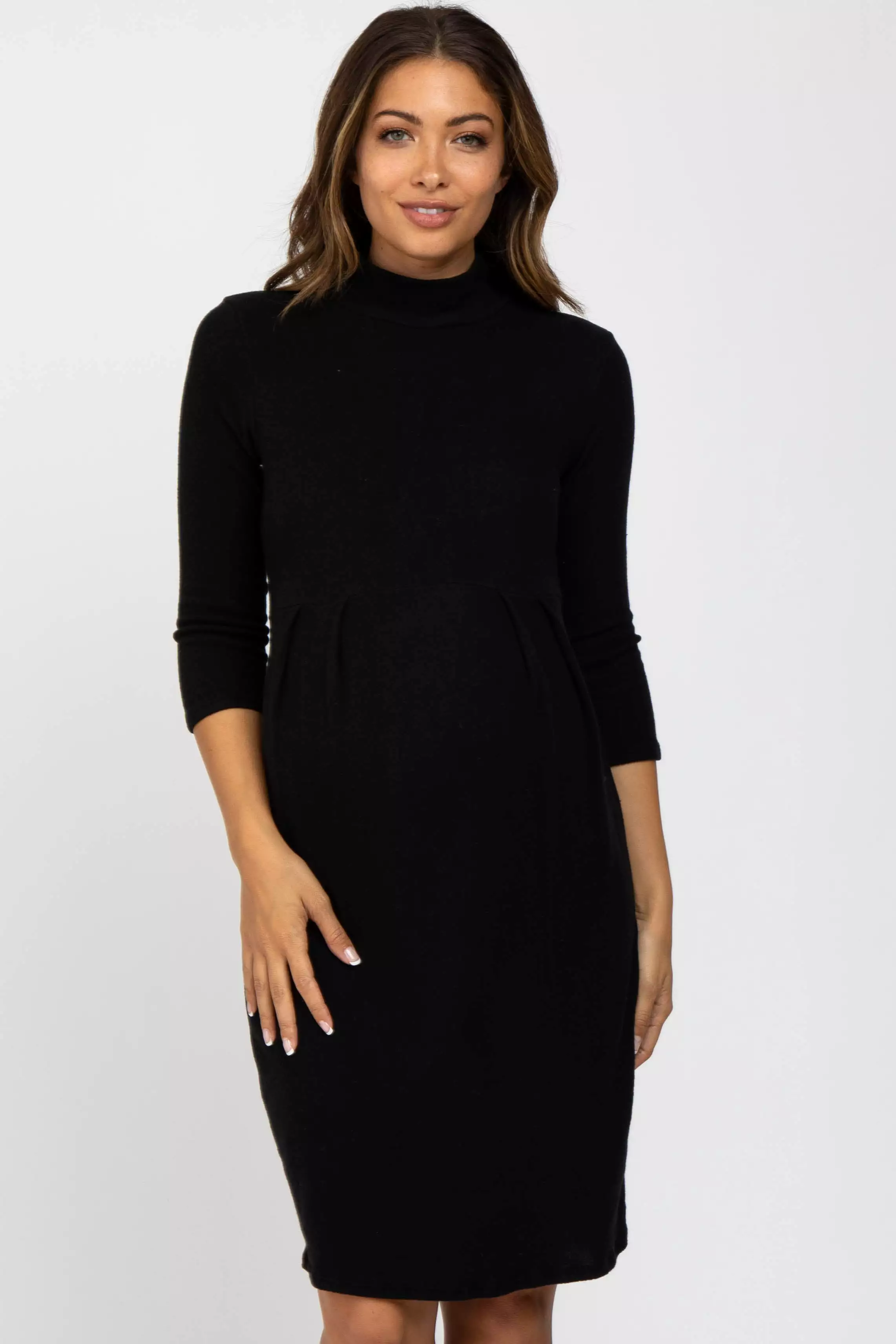 Black Brushed Mock Neck Fitted Maternity Dress