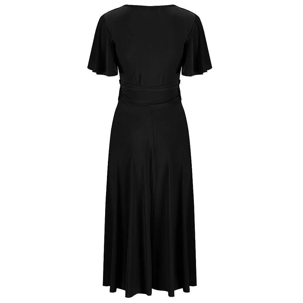 Black Cap Sleeve Crossover V Neck Wrap Top Swing Dress