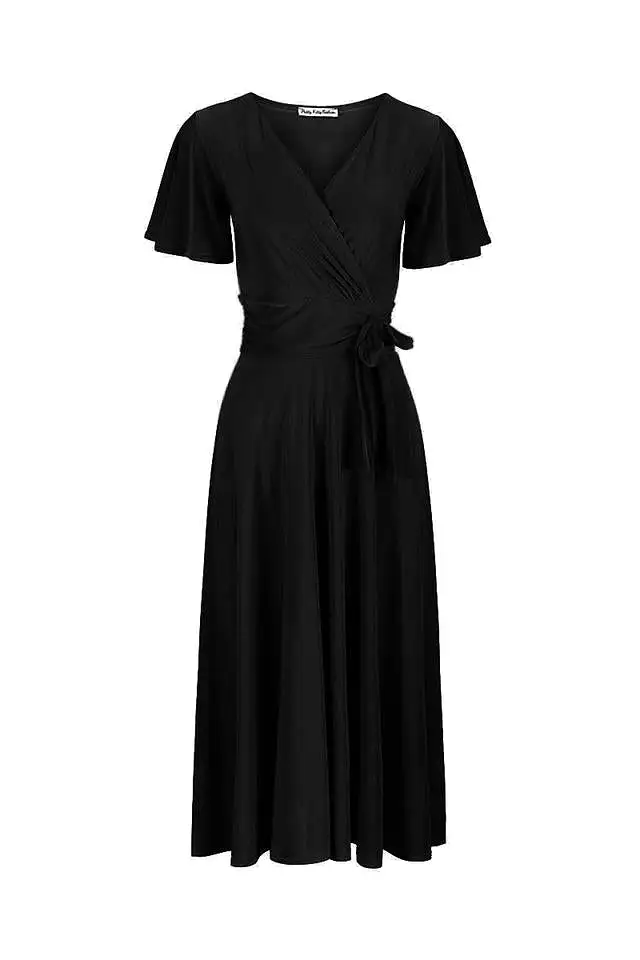 Black Cap Sleeve Crossover V Neck Wrap Top Swing Dress