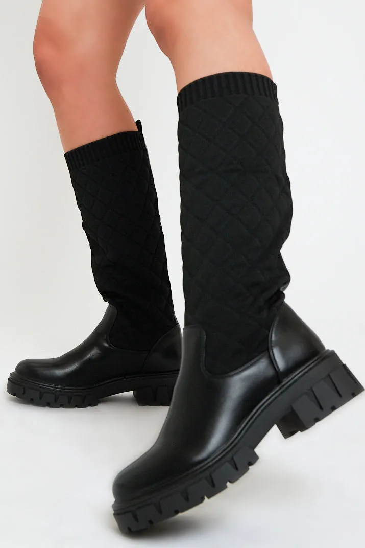 Black Quilted Detail Knee High Boots - Bethsy