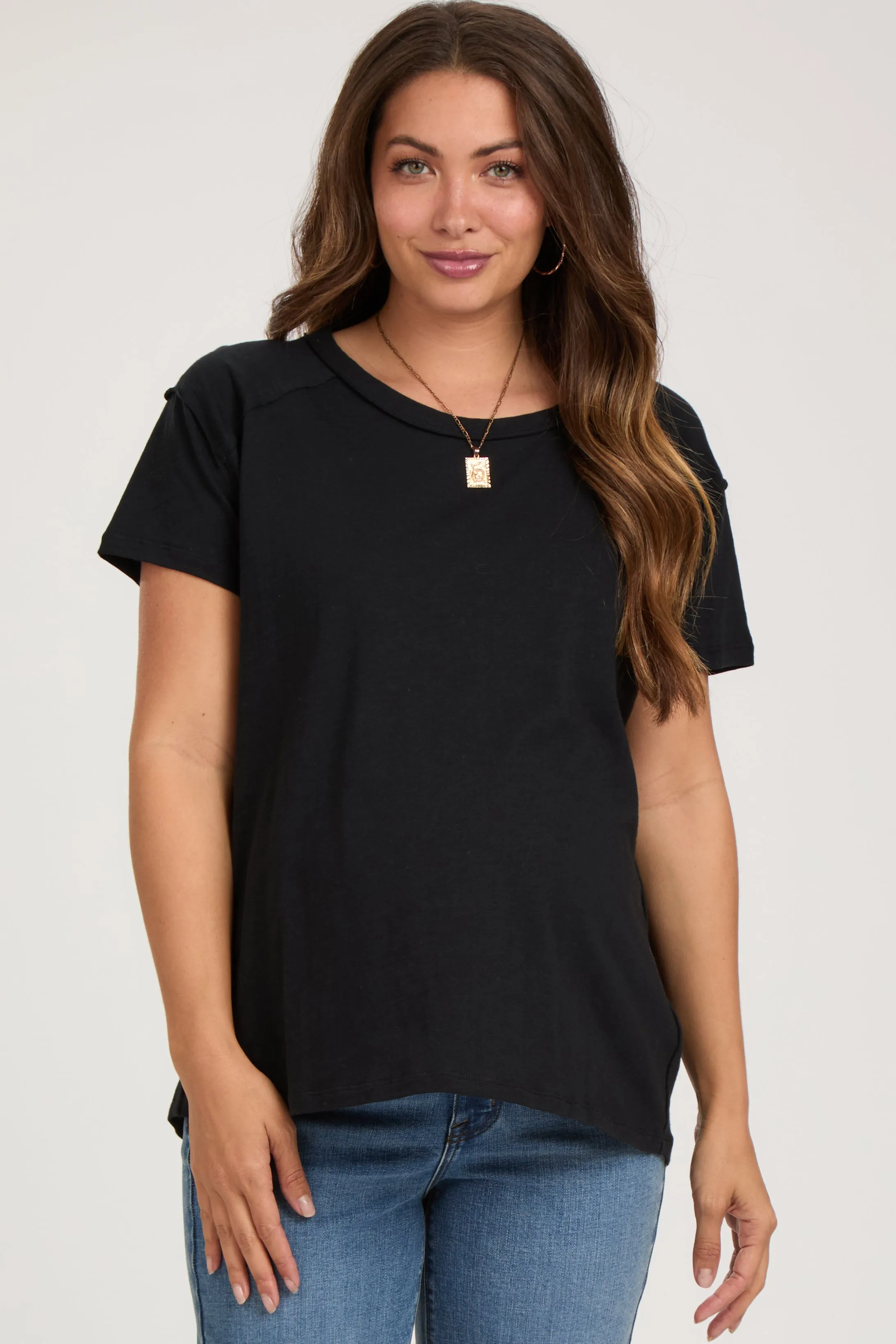 Black Raw Hem Maternity Short Sleeve Top