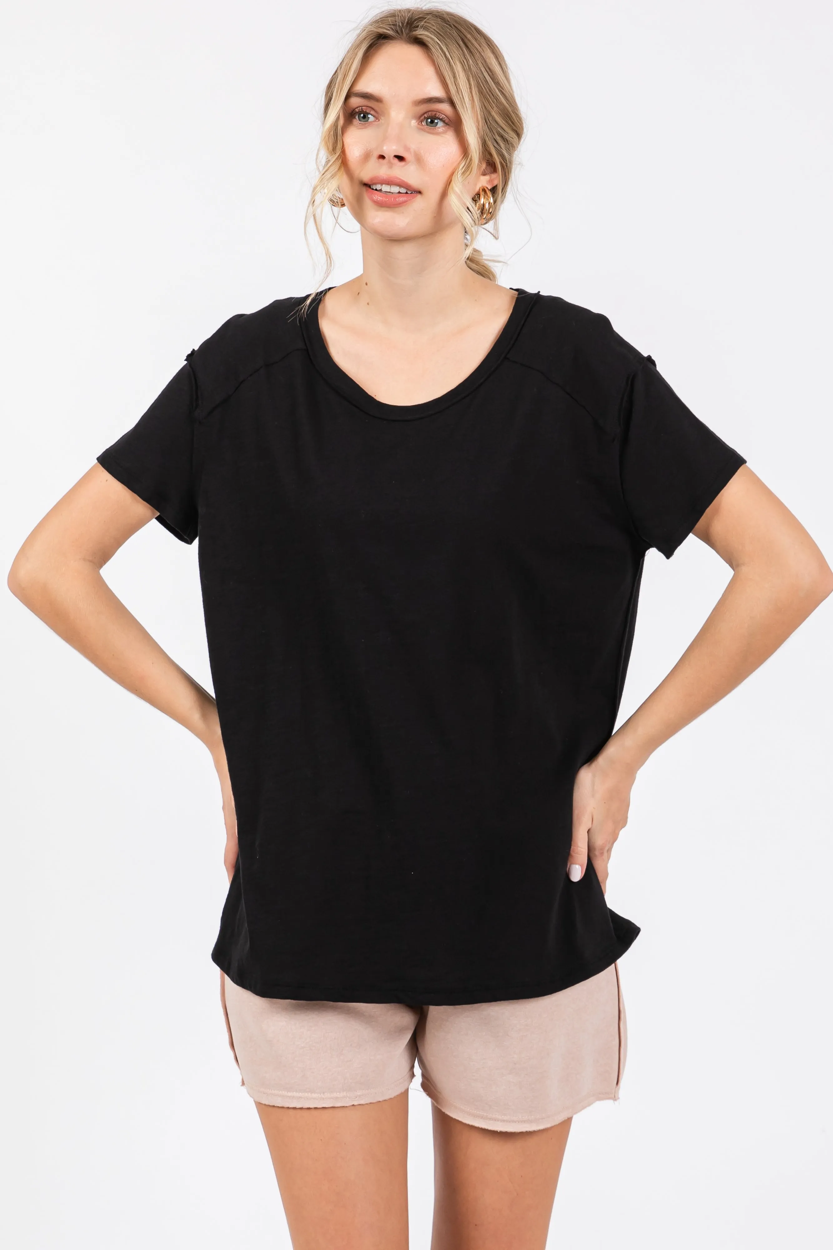 Black Raw Hem Maternity Short Sleeve Top