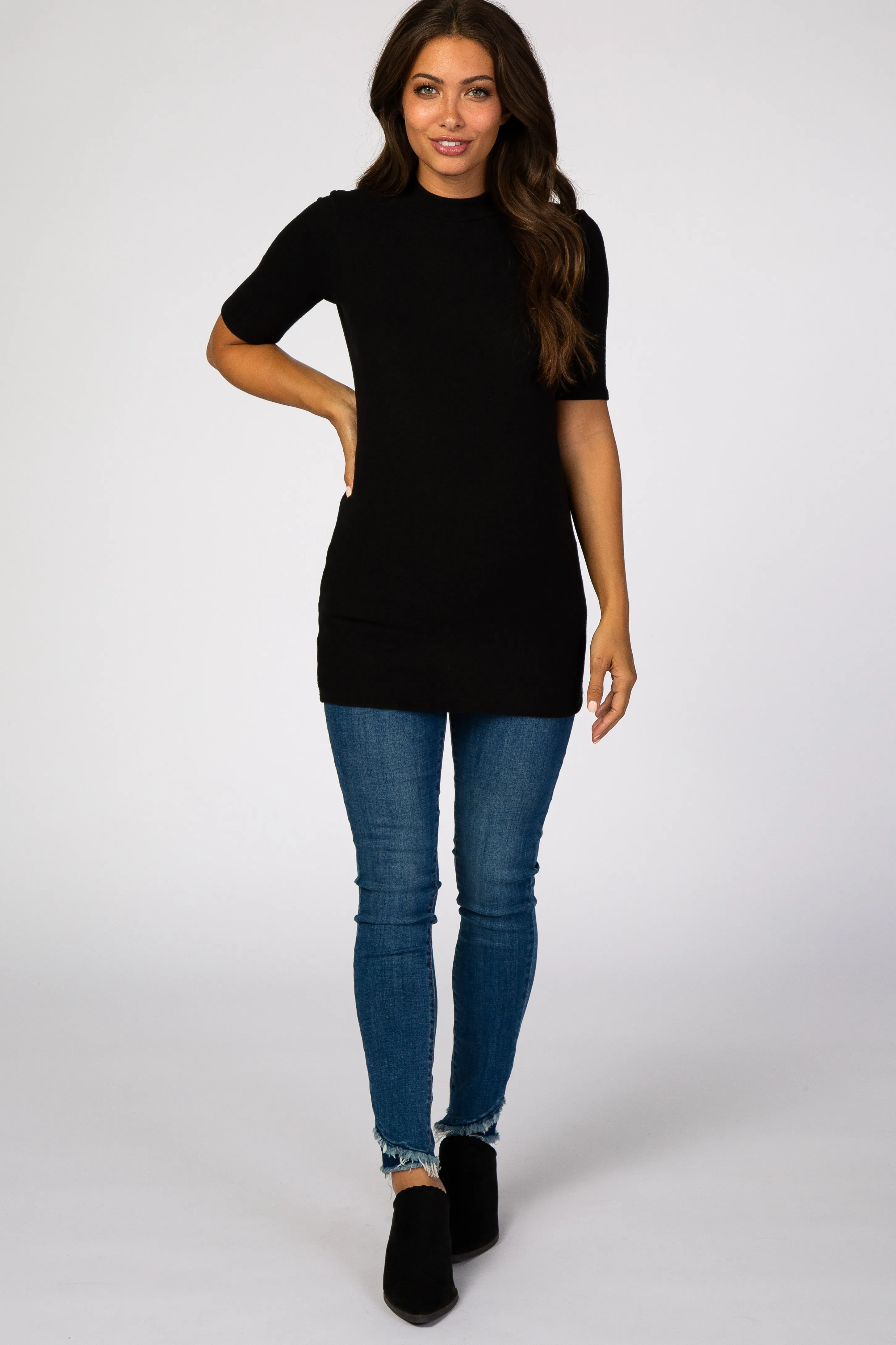 Black Soft Brushed Knit Mock Neck Maternity Top