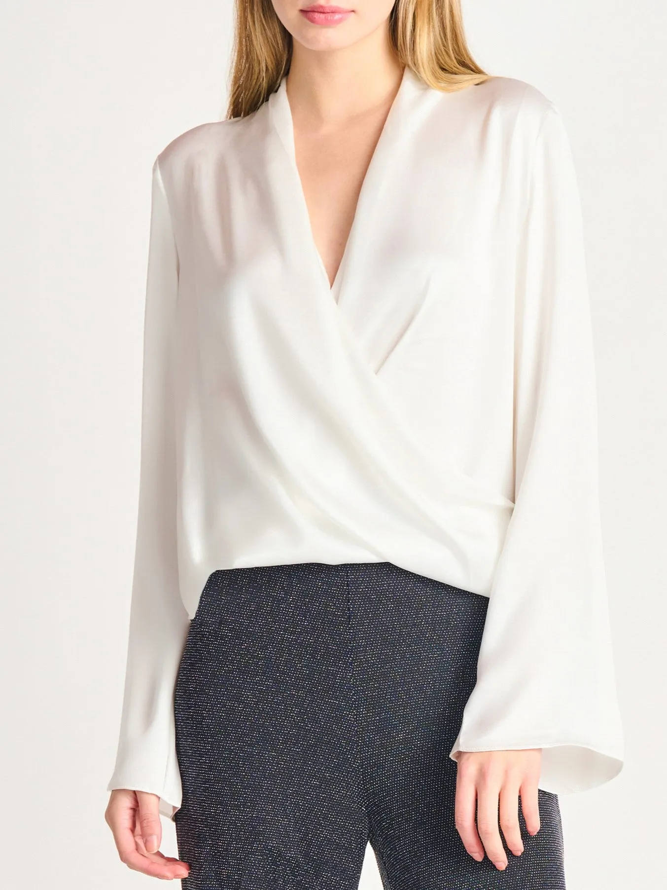 BLACK TAPE Bell Sleeve Satin Wrap Blouse