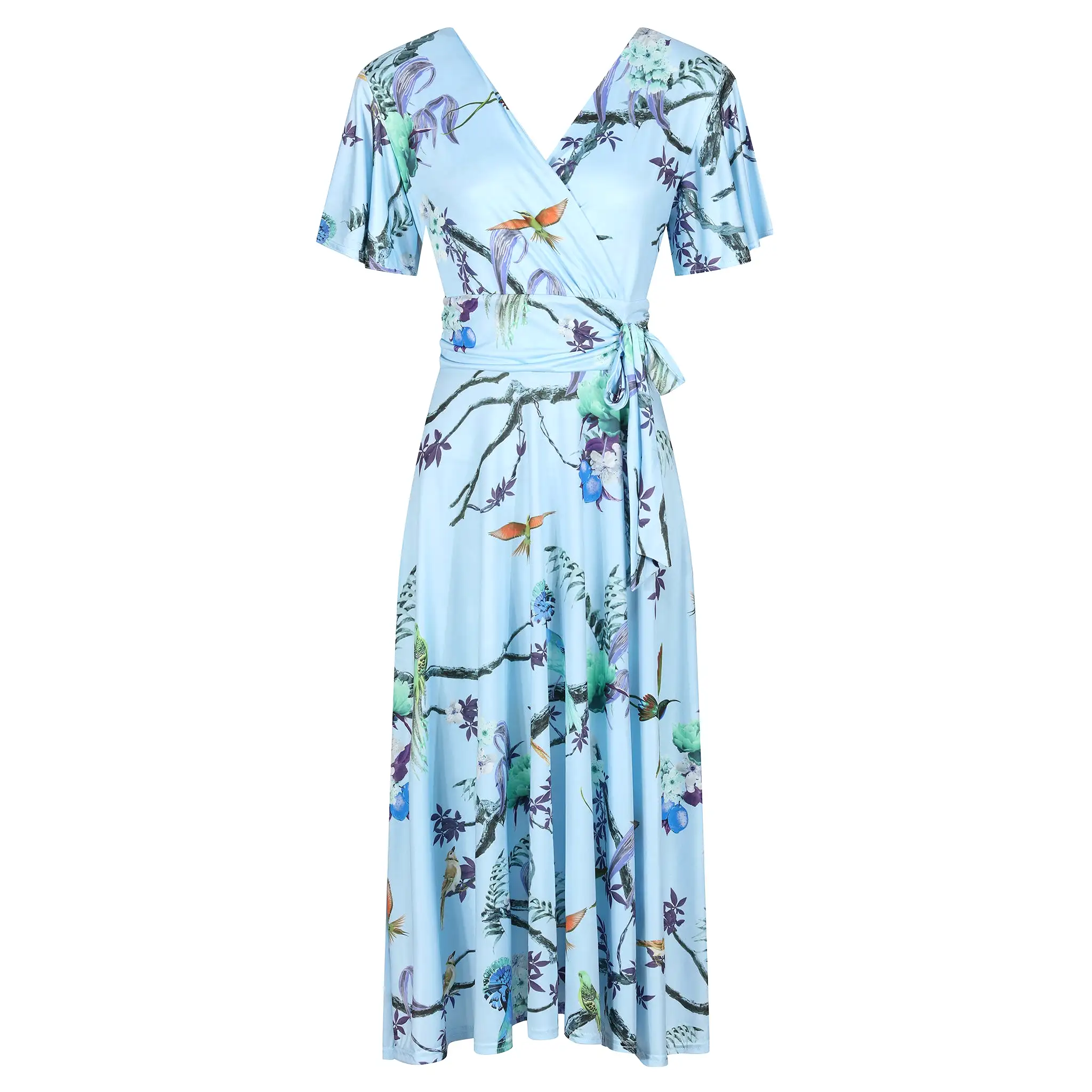 Blue Floral Bird Print Cap Sleeve V Neck Wrap Top Swing Dress