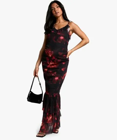 boohoo Womens Maternity Floral Print Mesh Ruffle Hem Detail Strappy Maxi Dress