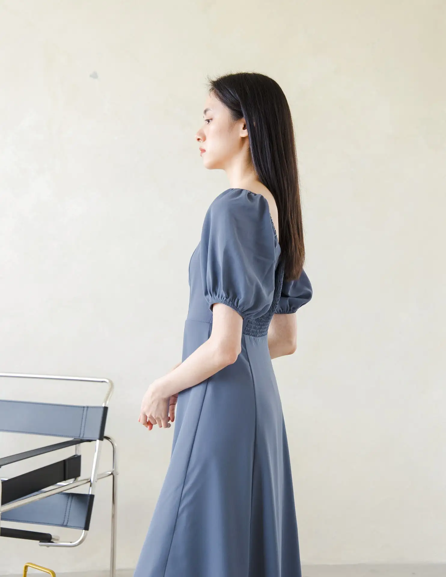 Camille Midi Dress in Steel Blue