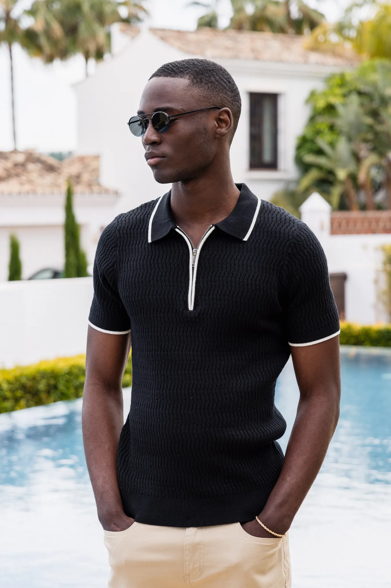 Capo Egyptian Cotton ZIGZAG SS Zip Polo Shirt - Black