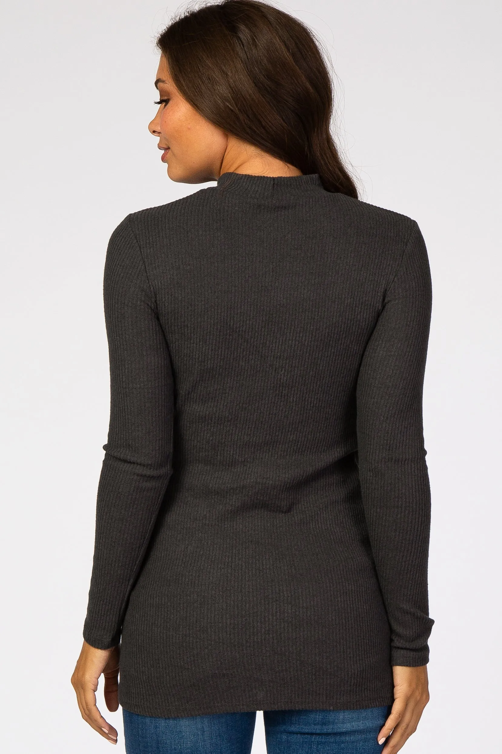 Charcoal Ribbed Long Sleeve Mock Neck Maternity Top