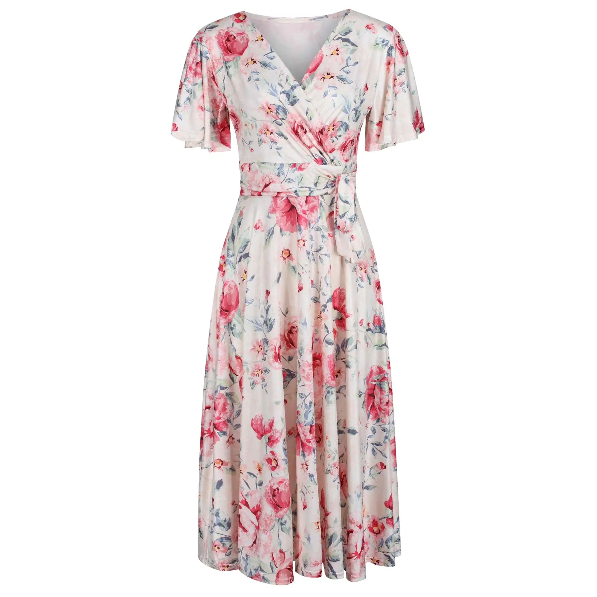 Cream Pink Floral Print Cap Sleeve V Neck Wrap Top Swing Dress