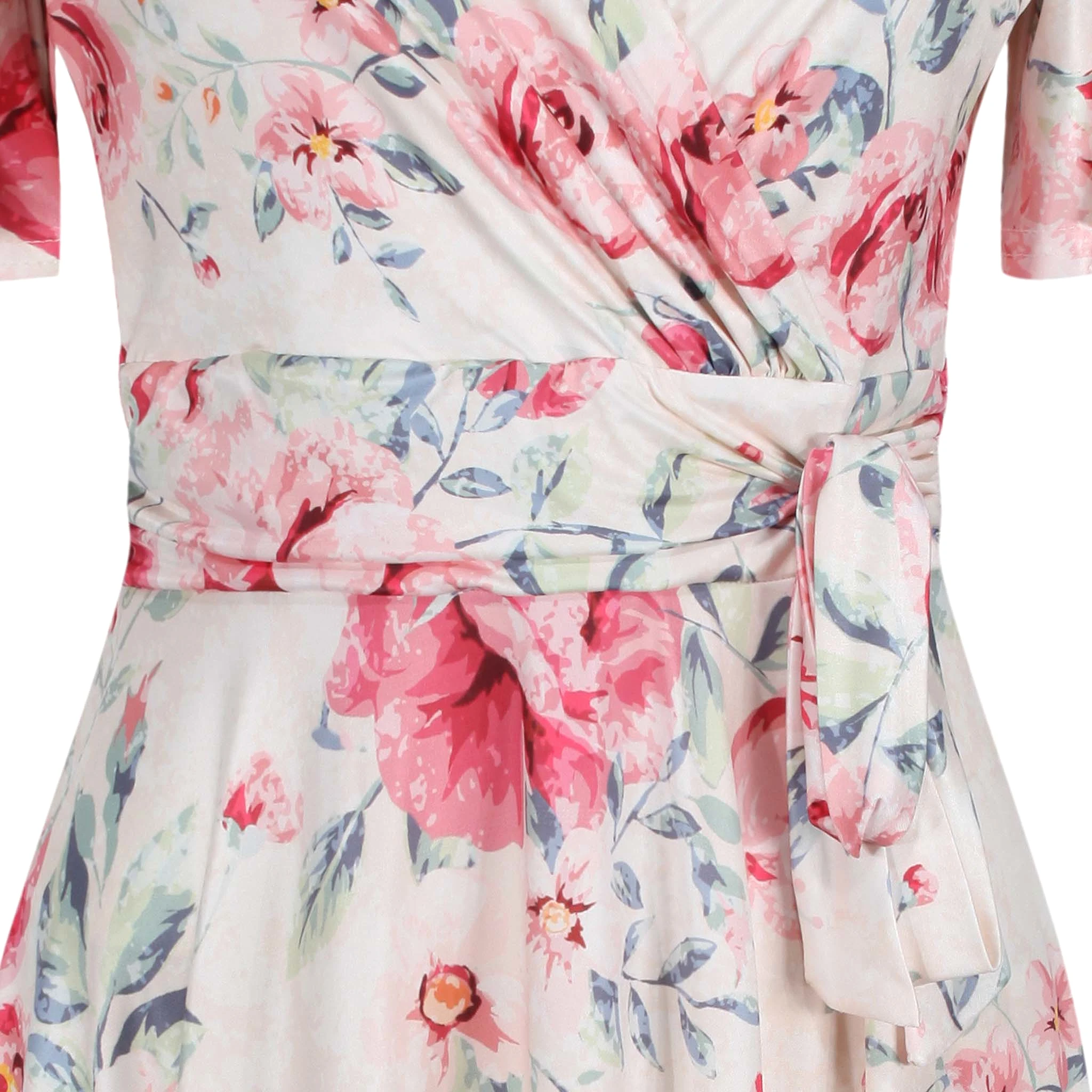 Cream Pink Floral Print Cap Sleeve V Neck Wrap Top Swing Dress