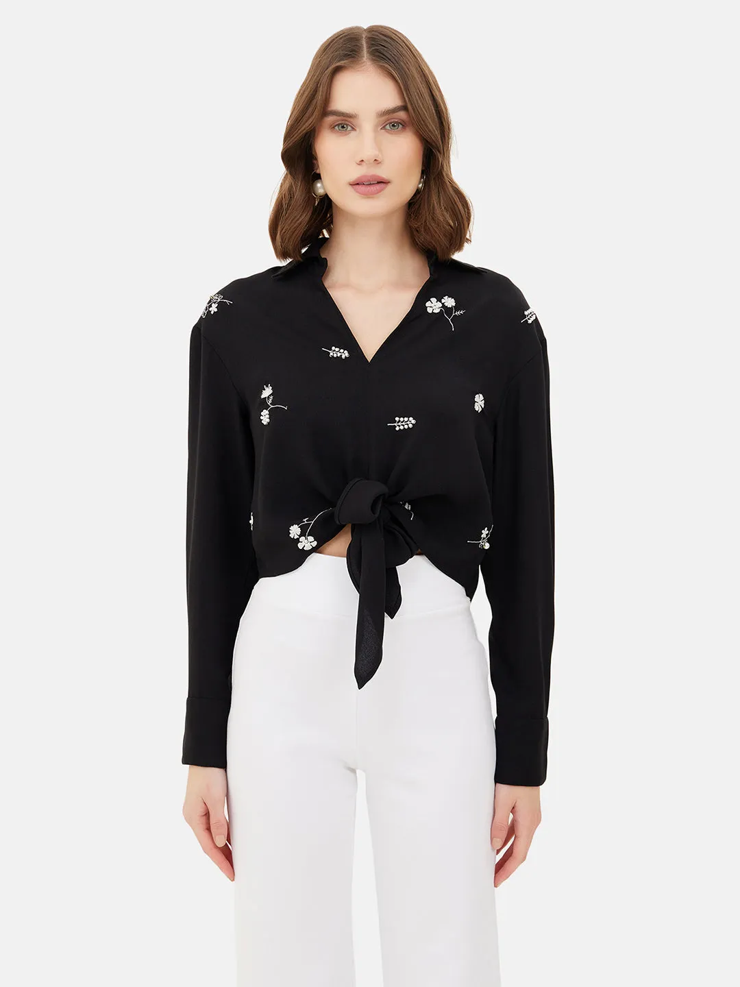 Devon Embroidered Crop Top With Tie-Knot