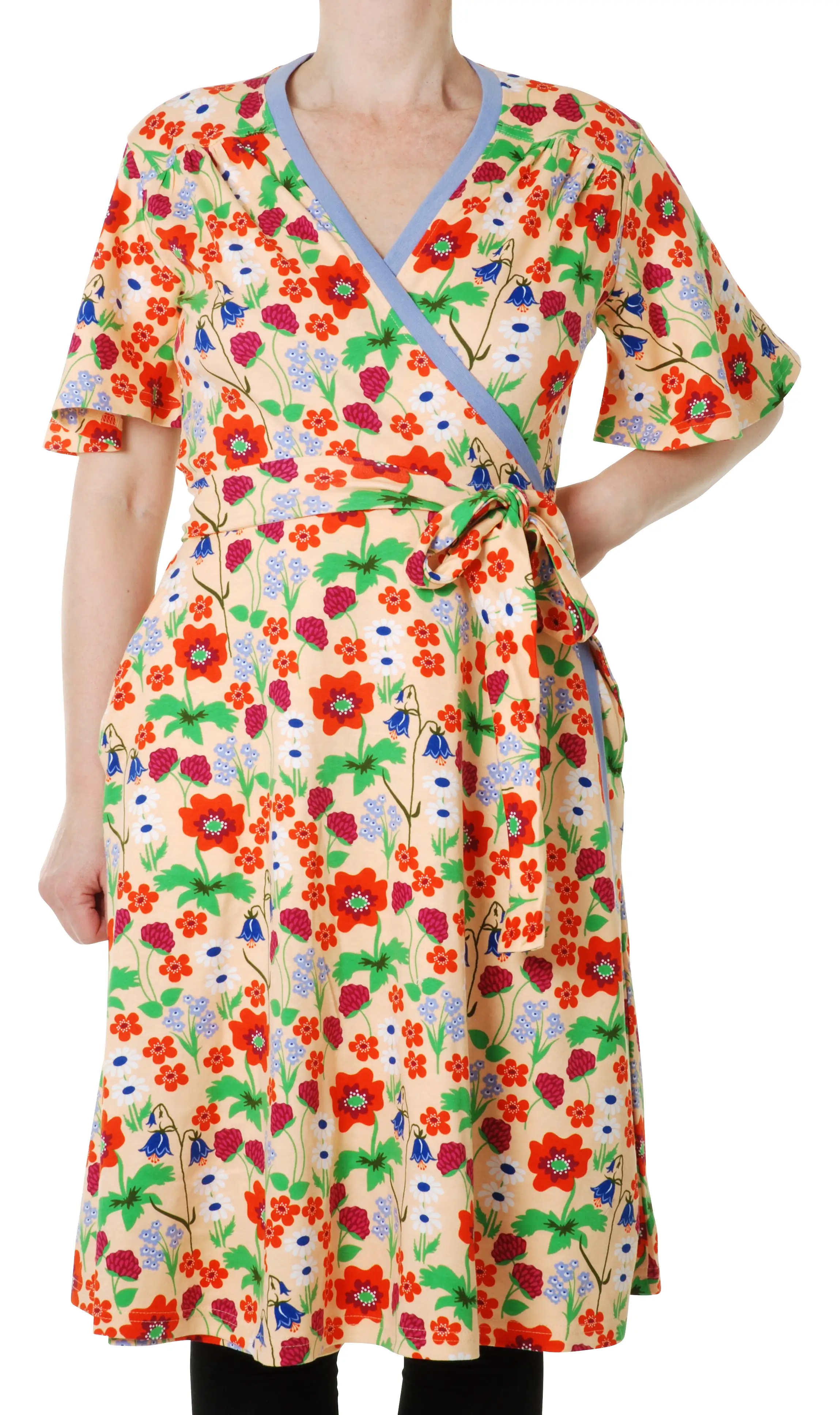 DUNS Summer Flowers Bleached Apricot Flutter Sleeve Wrap Dress - Adult Sizes