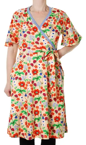 DUNS Summer Flowers Bleached Apricot Flutter Sleeve Wrap Dress - Adult Sizes