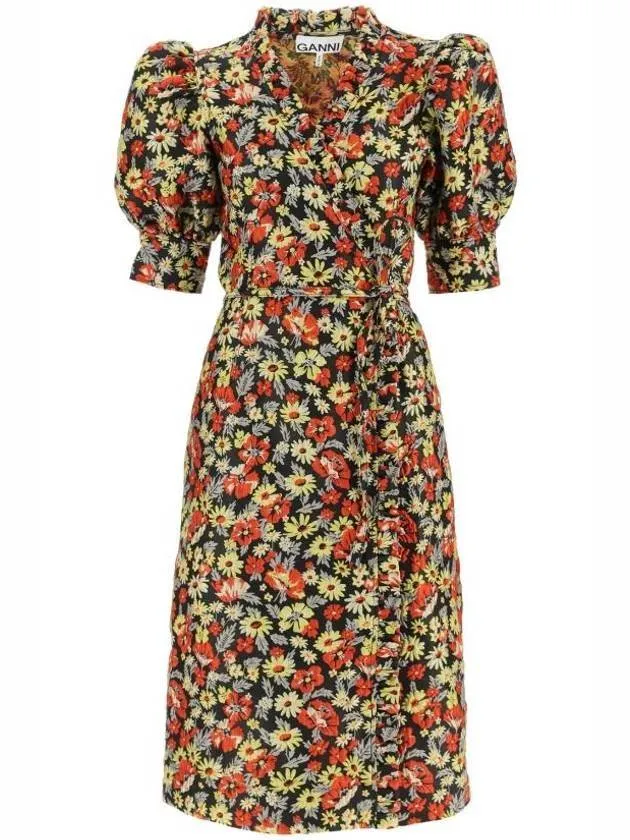 floral print puff sleeve wrap midi dress