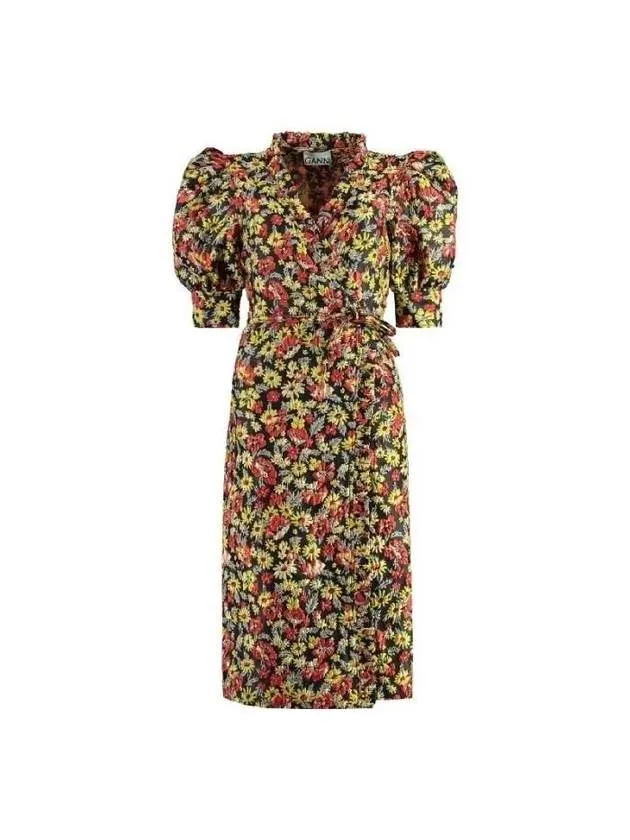 floral print puff sleeve wrap midi dress