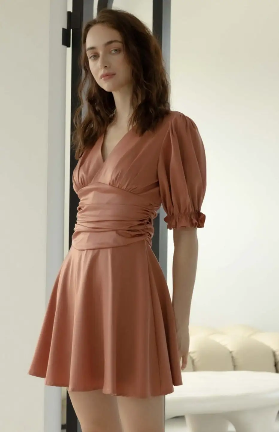 Glorious glam silky ruching dress in coral pink