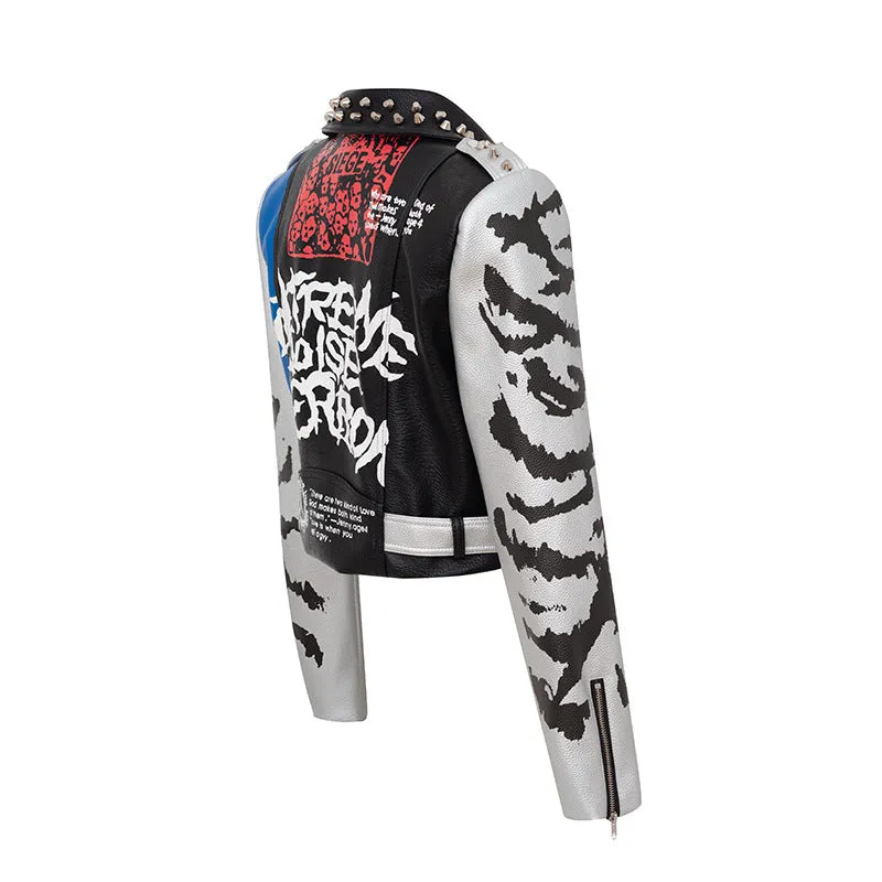 Graffiti Print Coat Short Coat Slim Leather Motorcycle Leather Jacket