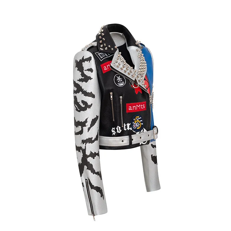 Graffiti Print Coat Short Coat Slim Leather Motorcycle Leather Jacket