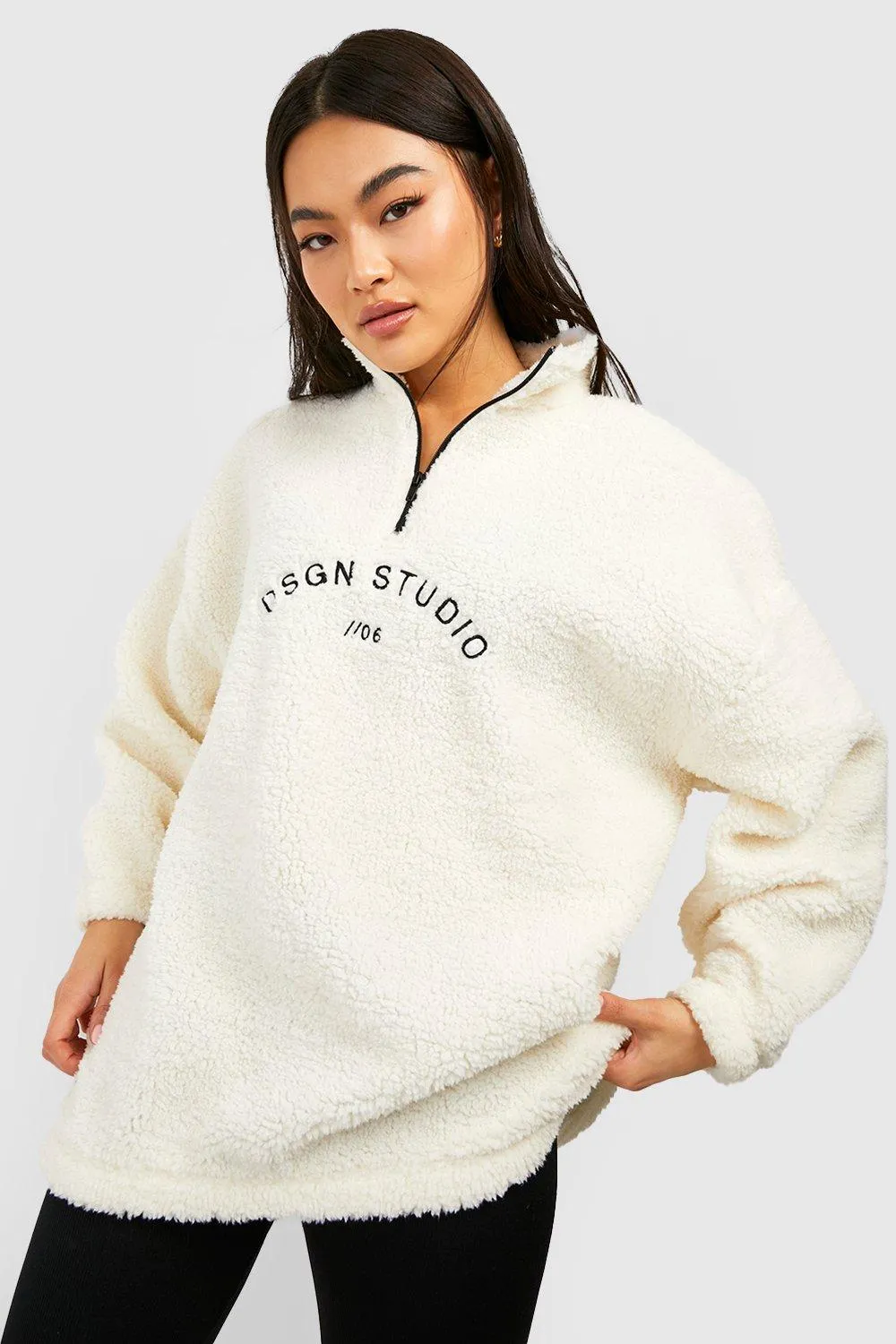 Hoodies & Sweatshirts | Premium Borg Embroidered Half Zip Sweater | boohoo