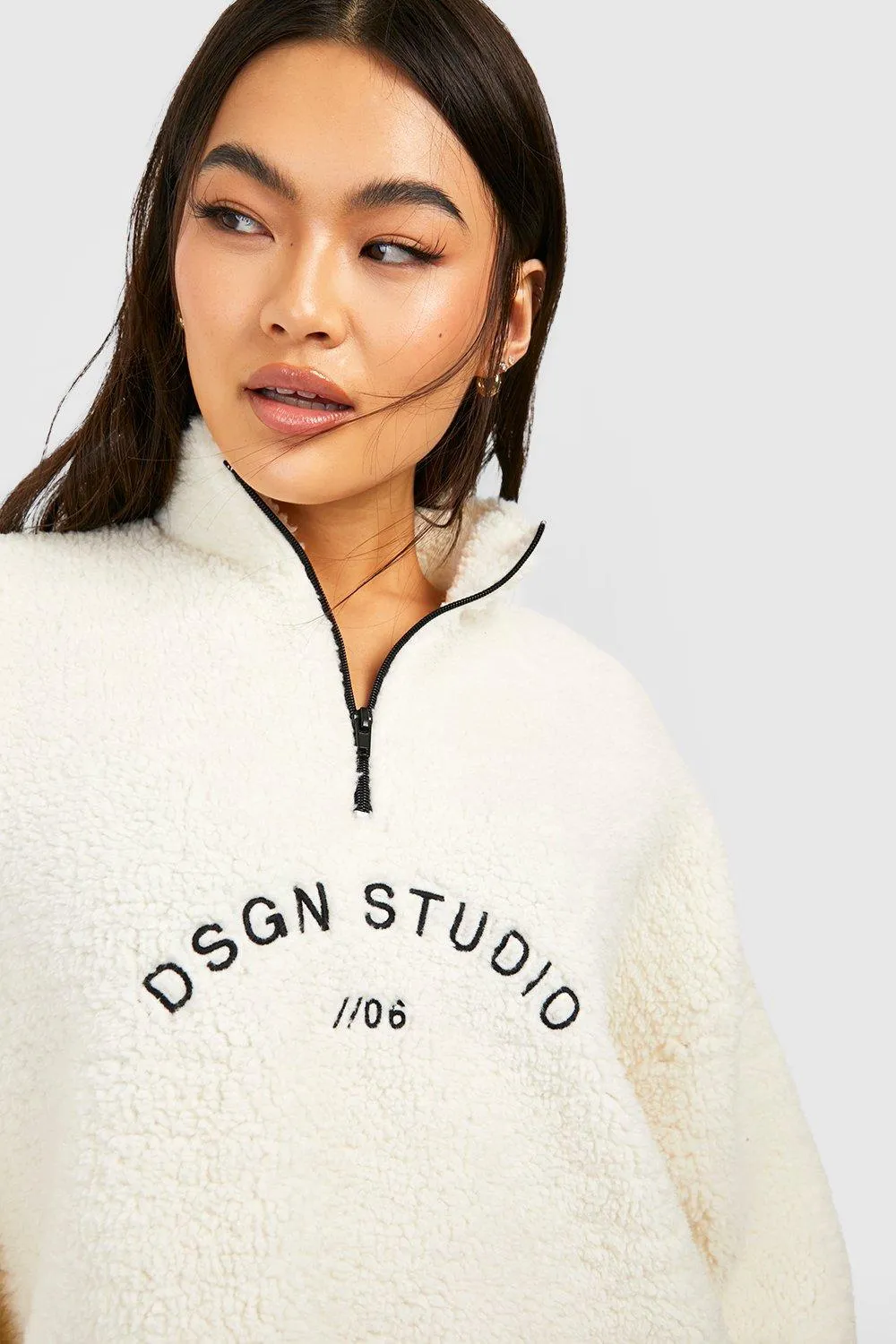 Hoodies & Sweatshirts | Premium Borg Embroidered Half Zip Sweater | boohoo