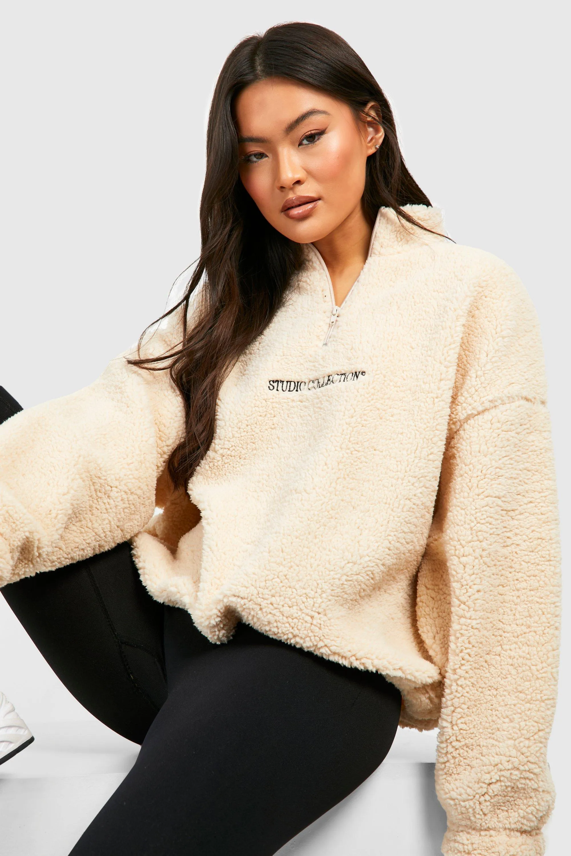 Hoodies & Sweatshirts | Premium Borg Toggle Hem Half Zip Sweater | boohoo