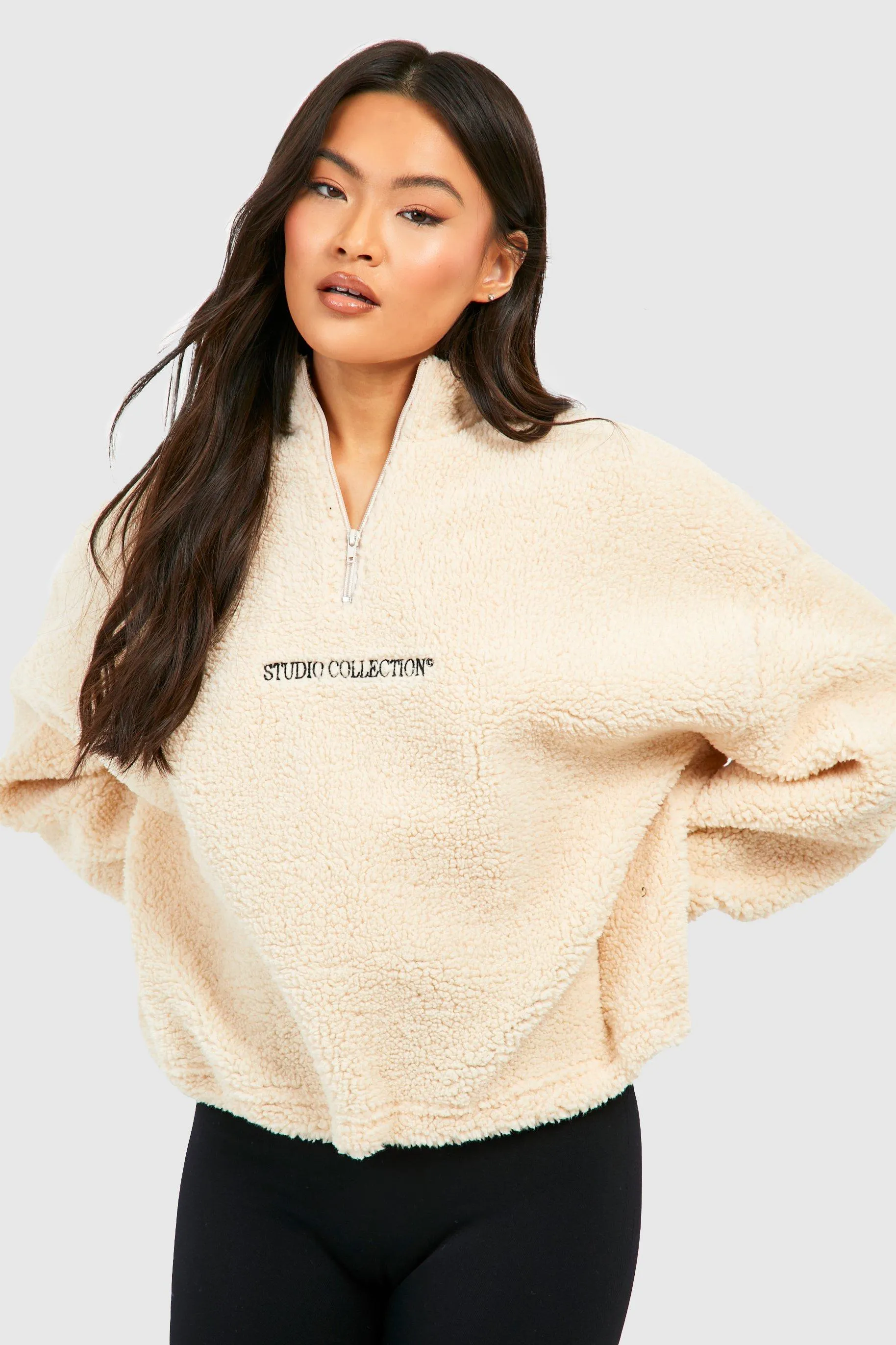 Hoodies & Sweatshirts | Premium Borg Toggle Hem Half Zip Sweater | boohoo