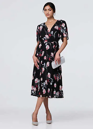 Izabel London Black Floral Sheer Short Sleeve Midi Wrap Dress | Grattan