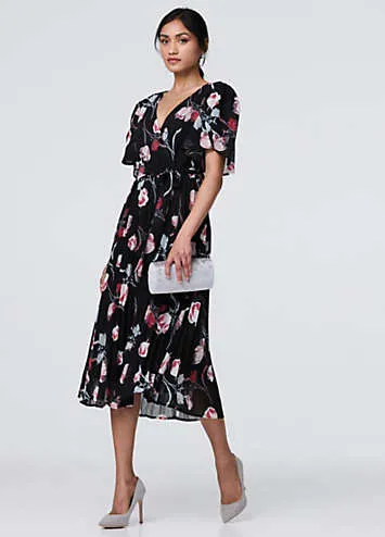 Izabel London Black Floral Sheer Short Sleeve Midi Wrap Dress | Grattan