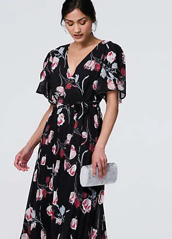 Izabel London Black Floral Sheer Short Sleeve Midi Wrap Dress | Grattan