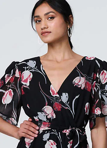 Izabel London Black Floral Sheer Short Sleeve Midi Wrap Dress | Grattan