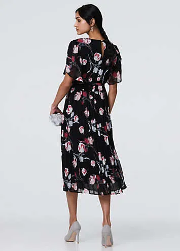 Izabel London Black Floral Sheer Short Sleeve Midi Wrap Dress | Grattan