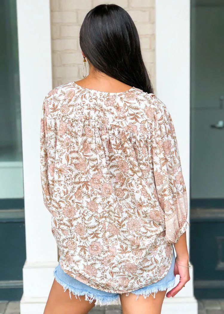 Laurel Canyon Faux Wrap Billow Sleeve Blouse - Blush Floral