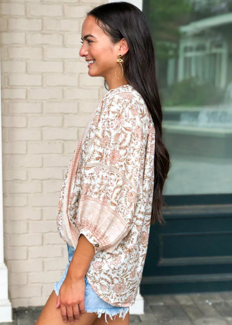 Laurel Canyon Faux Wrap Billow Sleeve Blouse - Blush Floral