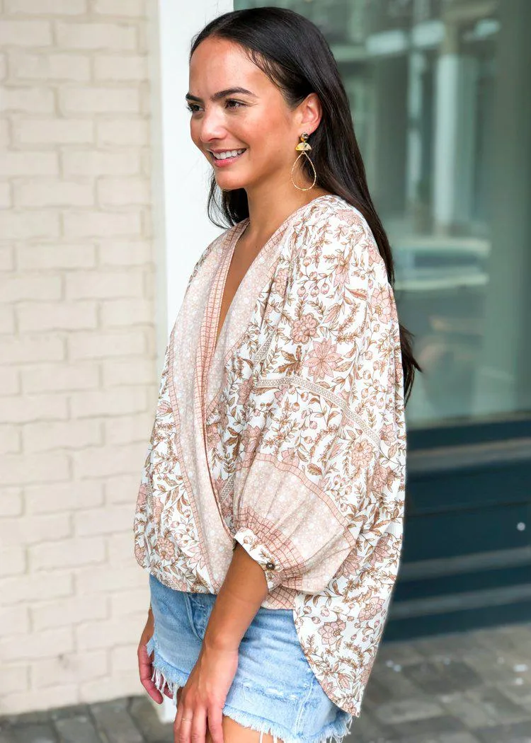 Laurel Canyon Faux Wrap Billow Sleeve Blouse - Blush Floral