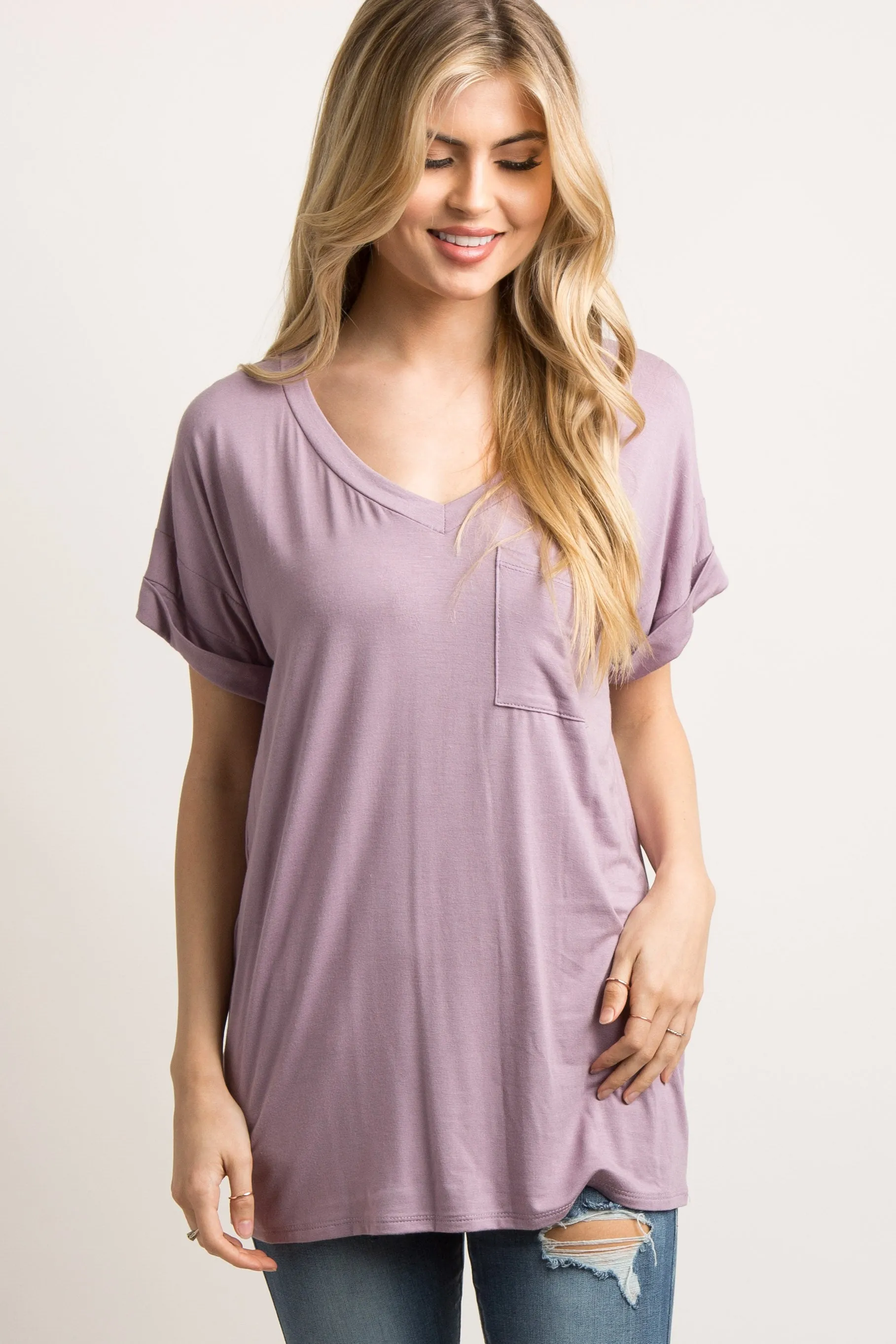 Lavender Basic V-Neck Pocket Maternity Top