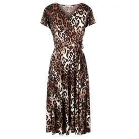 Leopard Print Cap Sleeve Crossover V Neck Wrap Top Swing Dress