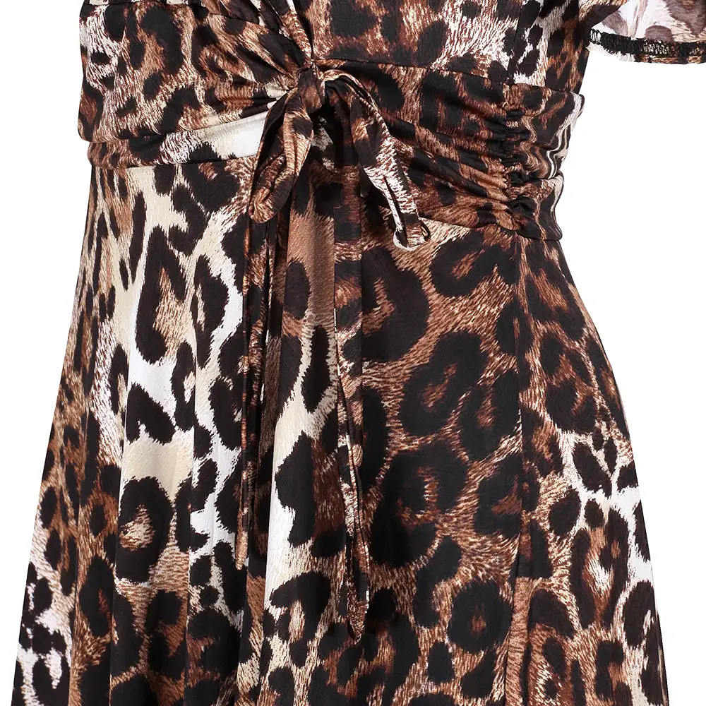 Leopard Print Cap Sleeve Crossover V Neck Wrap Top Swing Dress