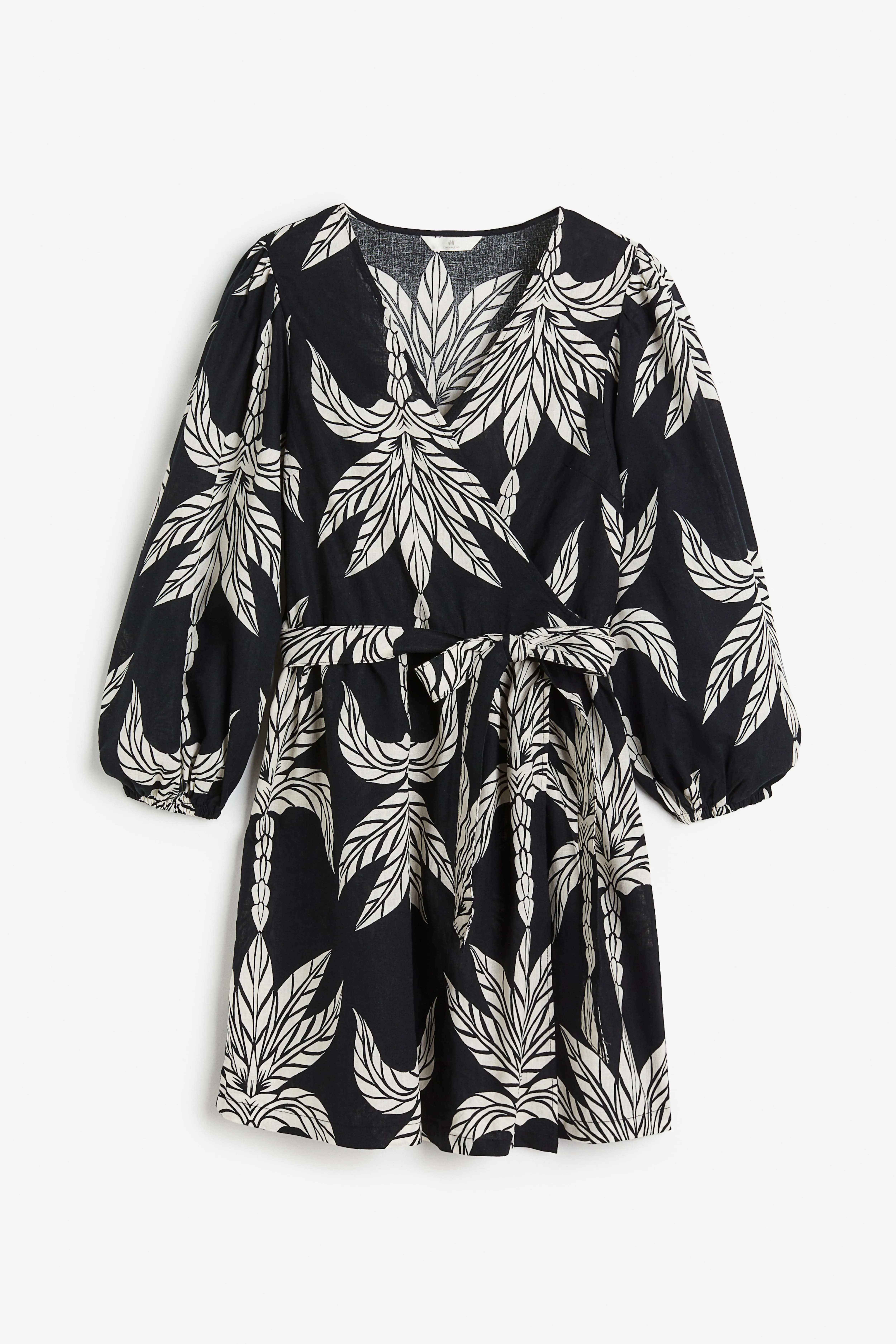 Linen-blend wrap dress - V-neck - Long sleeve - Black/Palm trees - Ladies | H&M GB